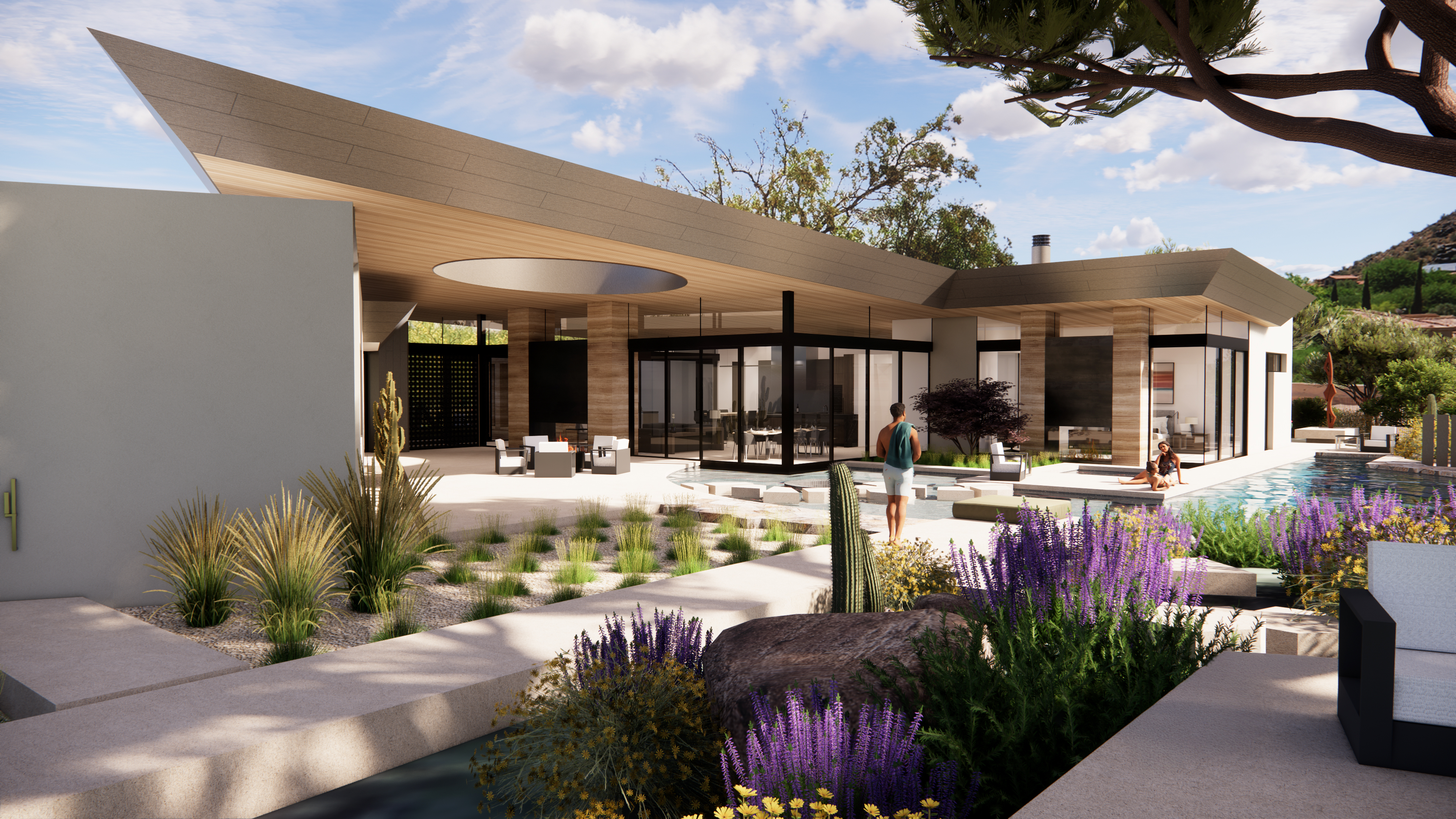 Modern desert estate with pool, glass walls, and landscaped courtyard.
