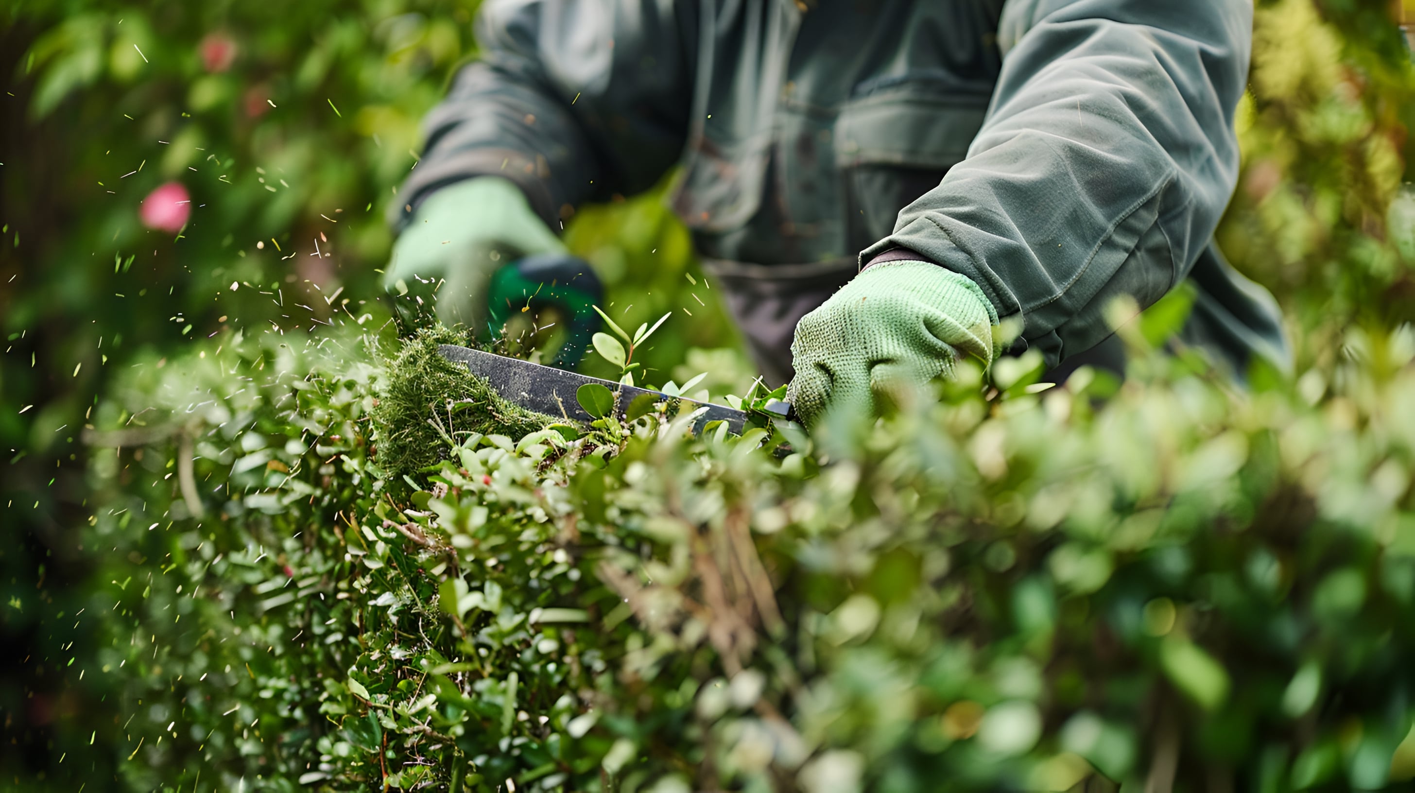 Gloved estate worker trimming a hedge with hand shears.